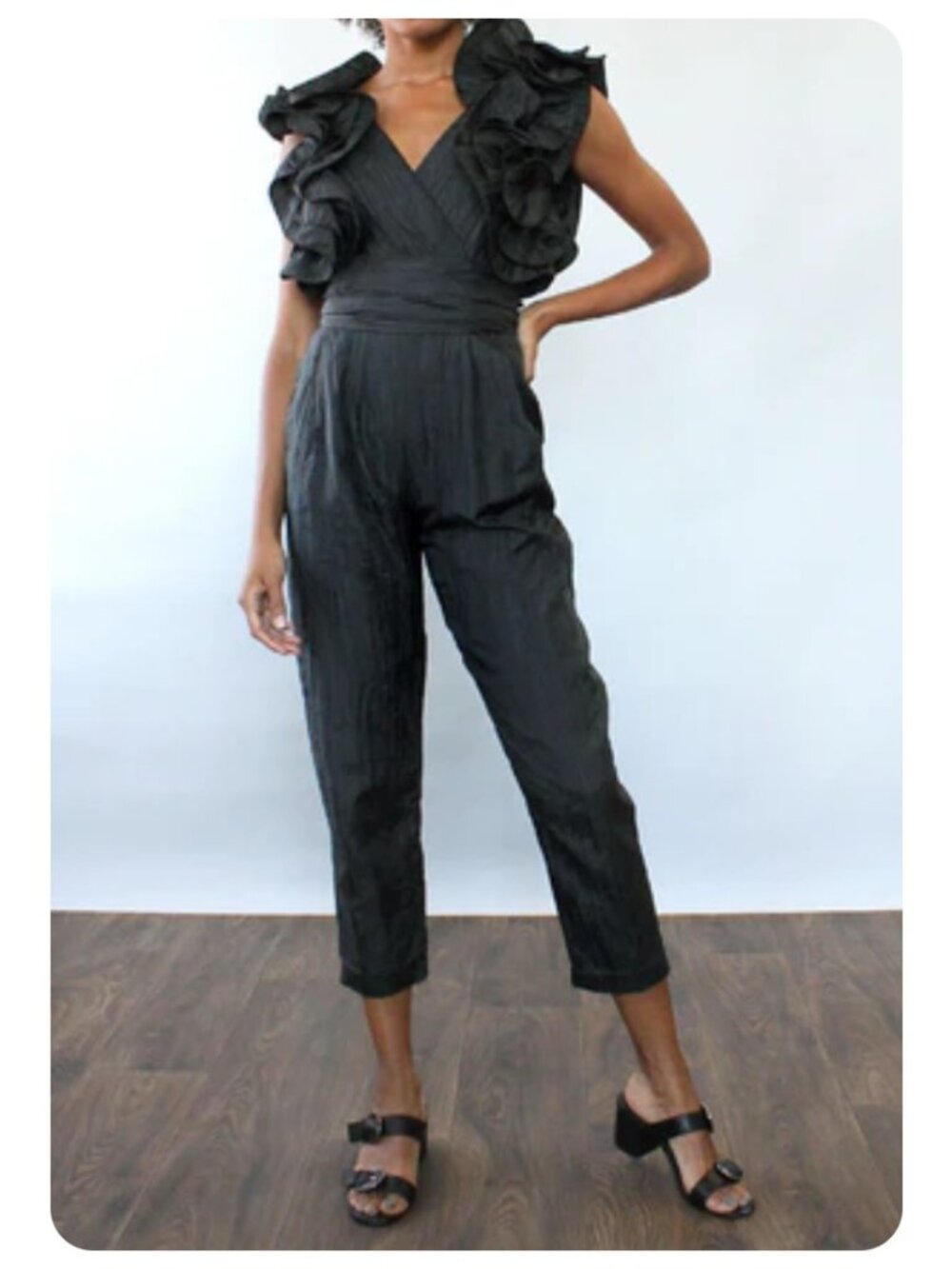 Vintage Black Lo Lo Collections Sleeveless Ruffled Taffeta Statement Jumpsuit